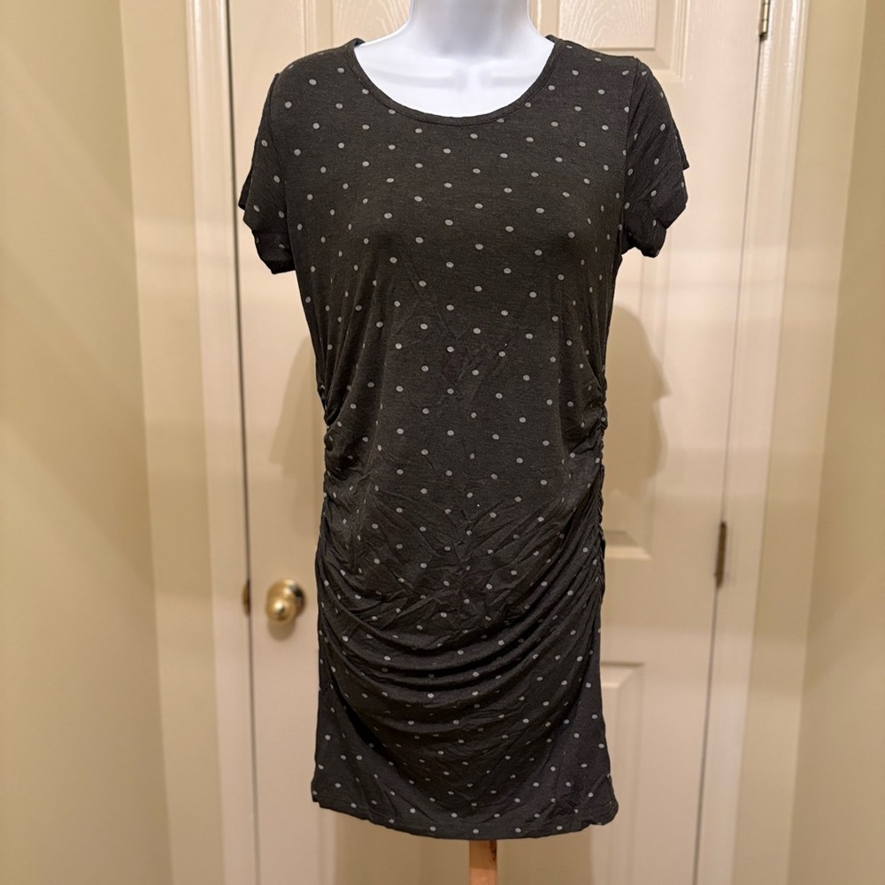 SMALL SHOW Dark Gray Polka Dot Ruched MATERNITY Dress, Size: M
